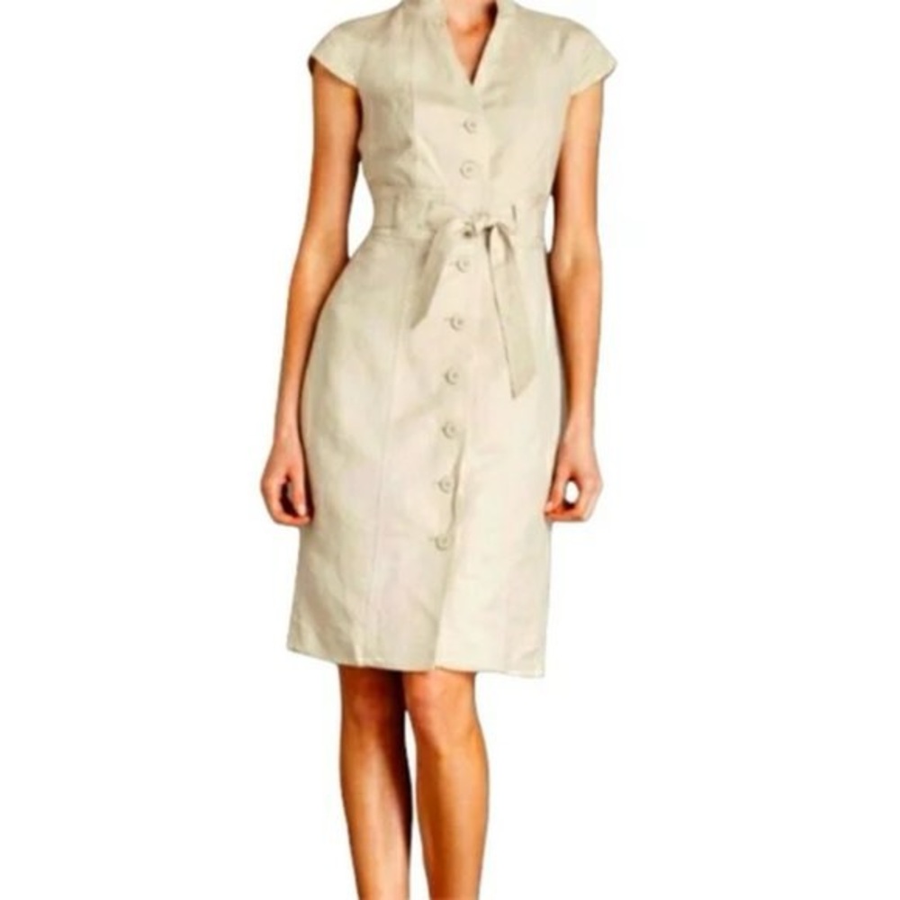 Calvin Klein Cream Beige Khaki Button Belted Midi Dress Womans sz 4